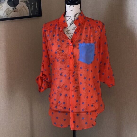 The Rage Sheer Blouse Small Orange Blue Dots - Picture 9 of 16